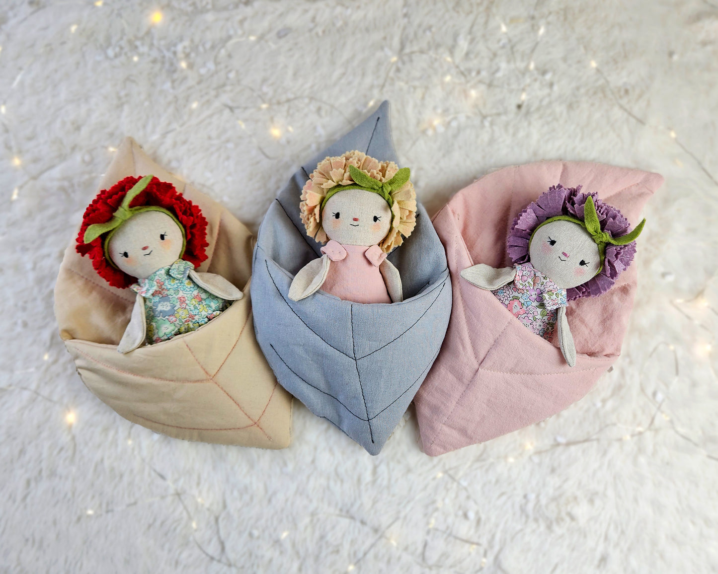 Mini Flower Carnation Doll in a Leaf sleeping bag- PDF sewing pattern and tutorial