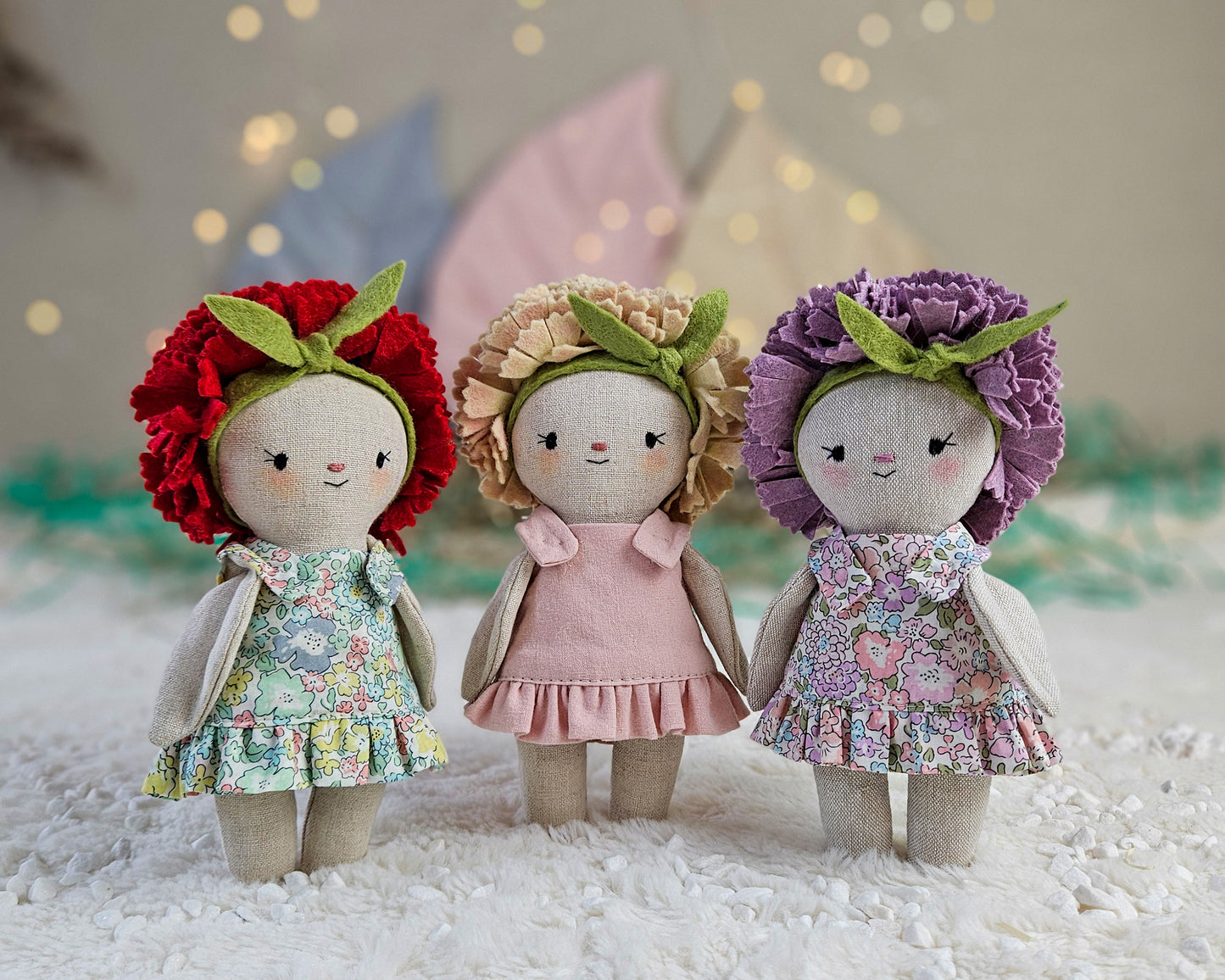 Mini Flower Carnation Doll in a Leaf sleeping bag- PDF sewing pattern and tutorial