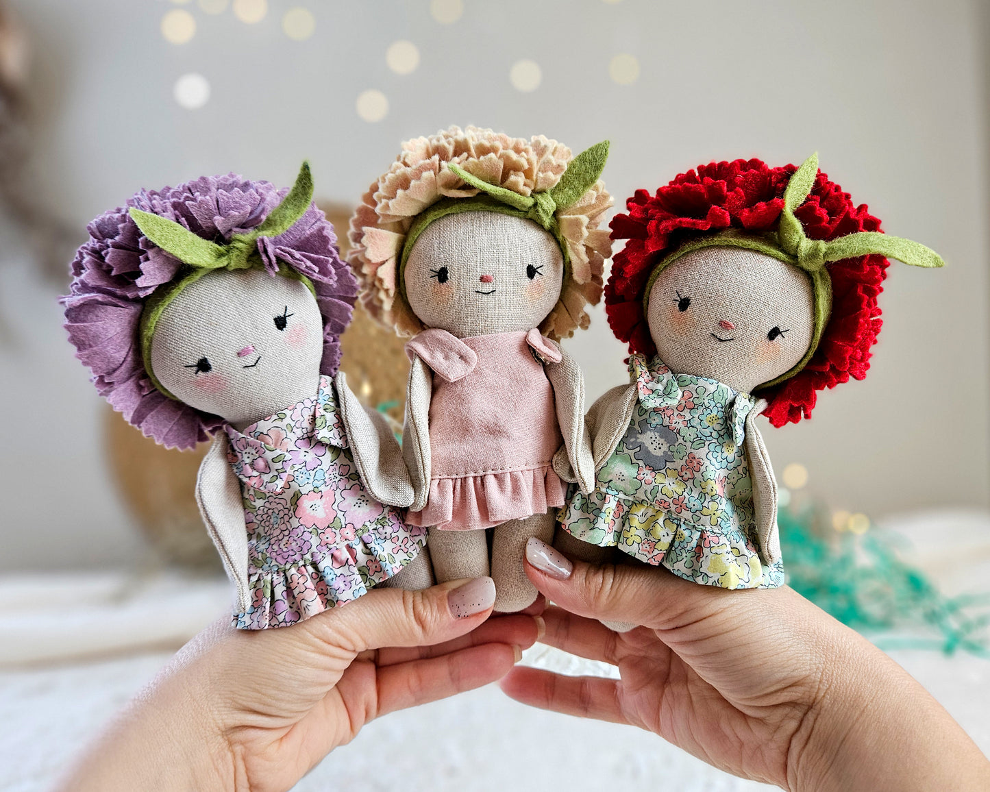 Mini Flower Carnation Doll in a Leaf sleeping bag- PDF sewing pattern and tutorial