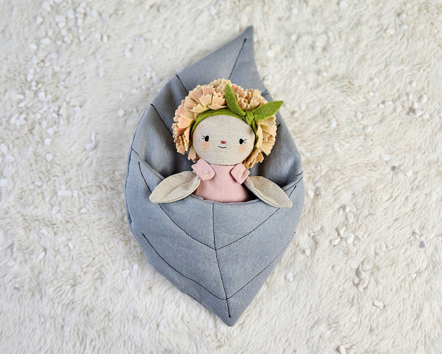 Mini Flower Carnation Doll in a Leaf sleeping bag- PDF sewing pattern and tutorial