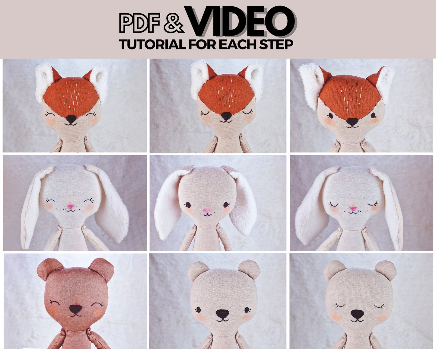 Faces for Forest doll body Bear, Bunny, and Fox