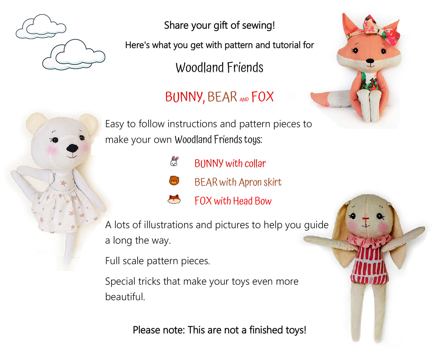 Set of 3 PDF Woodland Friends Bunny, Bear and Fox - Sewing Patterns and Tutorials 09