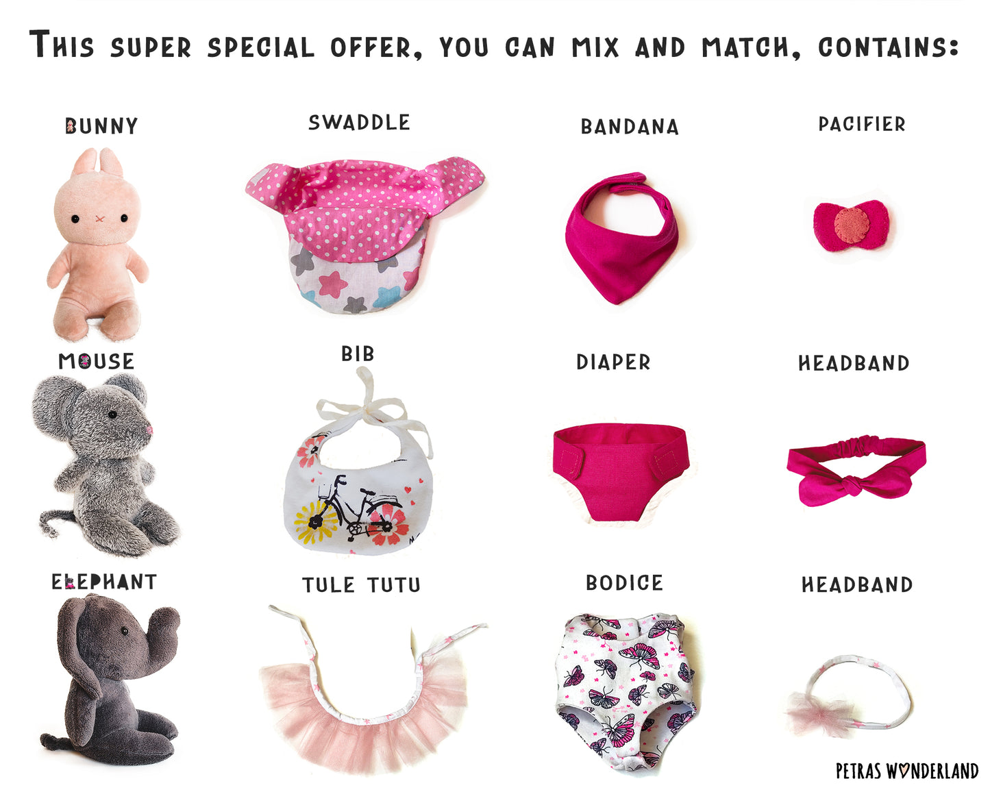 SPECIAL OFFER: Baby animals Bunny, Mouse and Elephant with Accessories - sewing patterns and tutorials 01