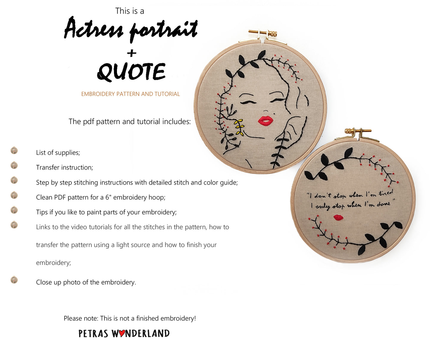 Special Offer: Actress Portrait and Quote - PDF embroidery pattern and tutorial 09