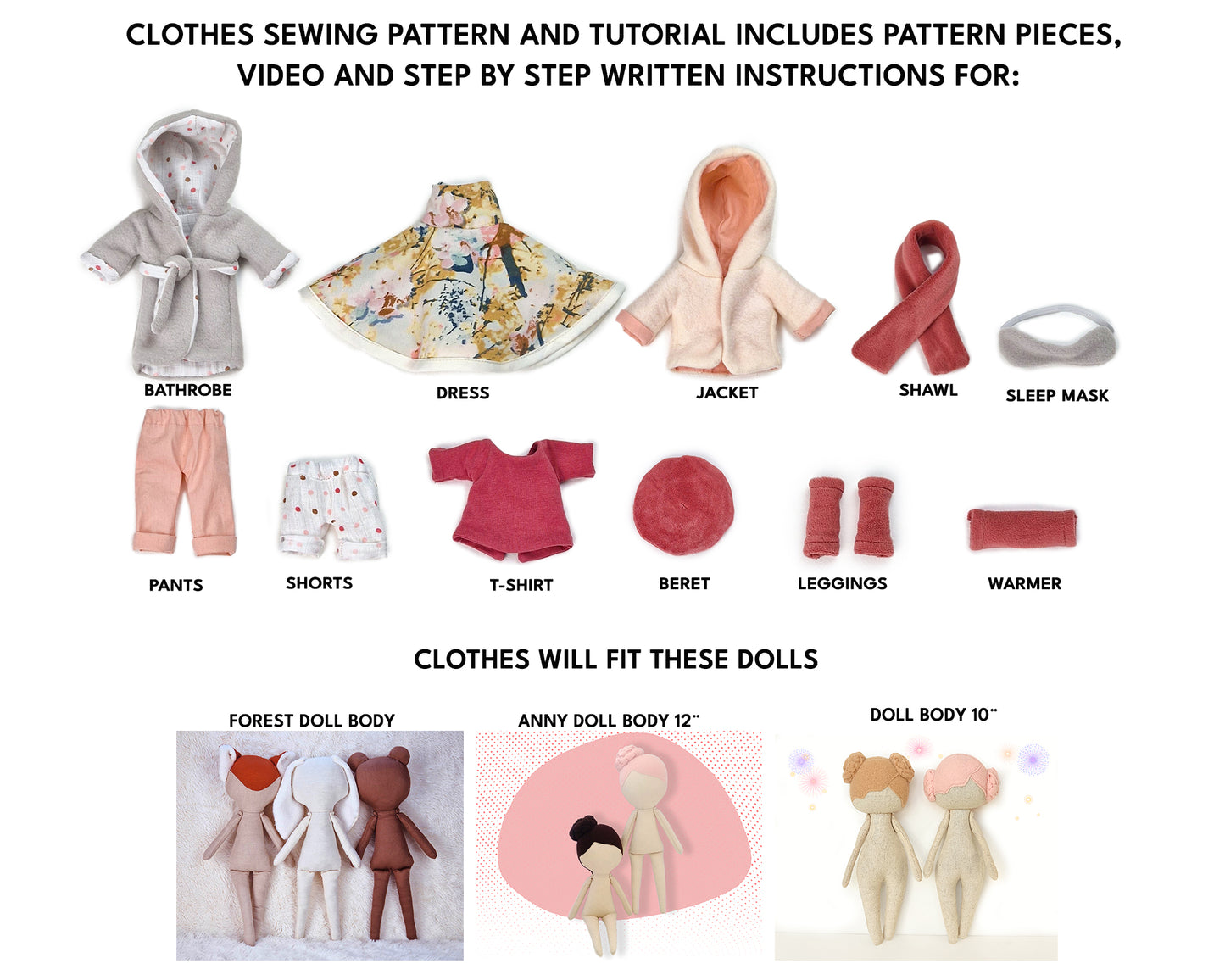 Set of clothes for Forest doll body - PDF sewing pattern and tutorial
