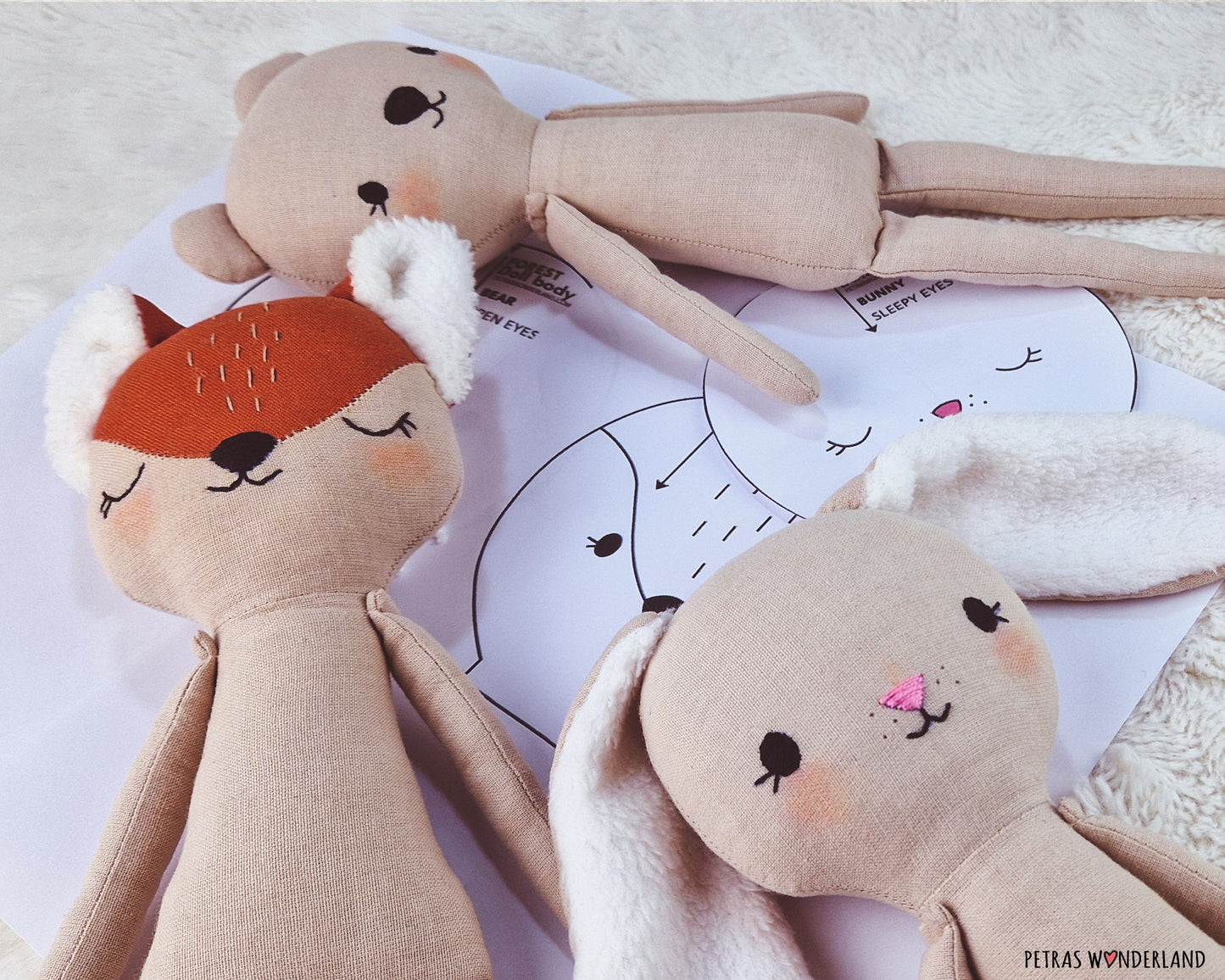 Faces for Forest doll body Bear, Bunny, and Fox  - PDF sewing pattern and tutorial