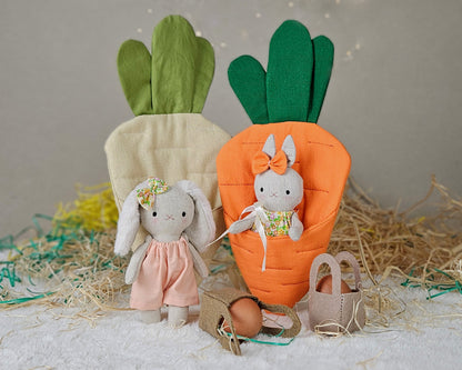 Mini bunny in a carrot sleeping bag PDF sewing pattern and tutorial