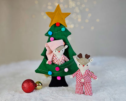 Mini Deer Doll in a Christmas Tree sleeping bag - PDF sewing pattern and tutorial