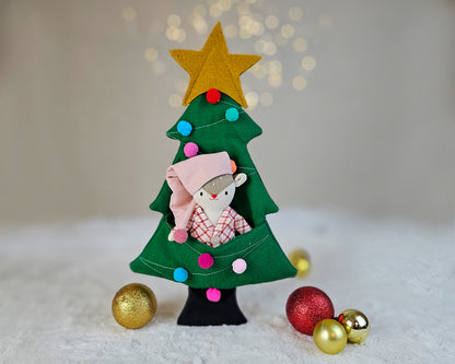 Mini Deer Doll in a Christmas Tree sleeping bag - PDF sewing pattern and tutorial