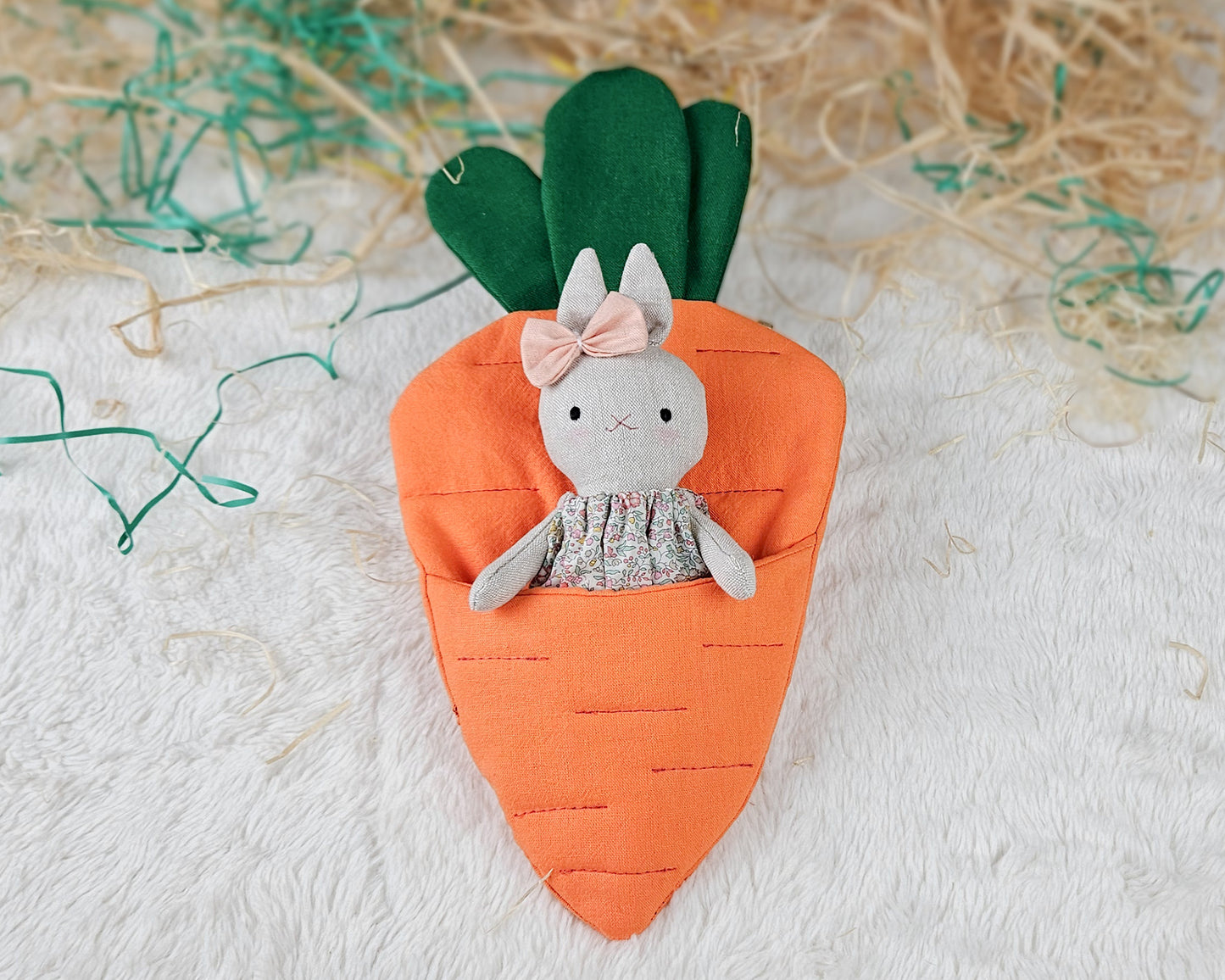 Mini bunny in a carrot sleeping bag PDF sewing pattern and tutorial