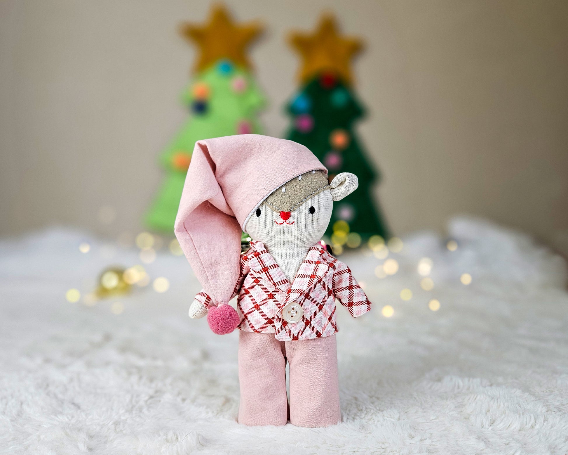 Mini Deer Doll in Pajamas and Santa Hat - PDF sewing pattern and tutorial