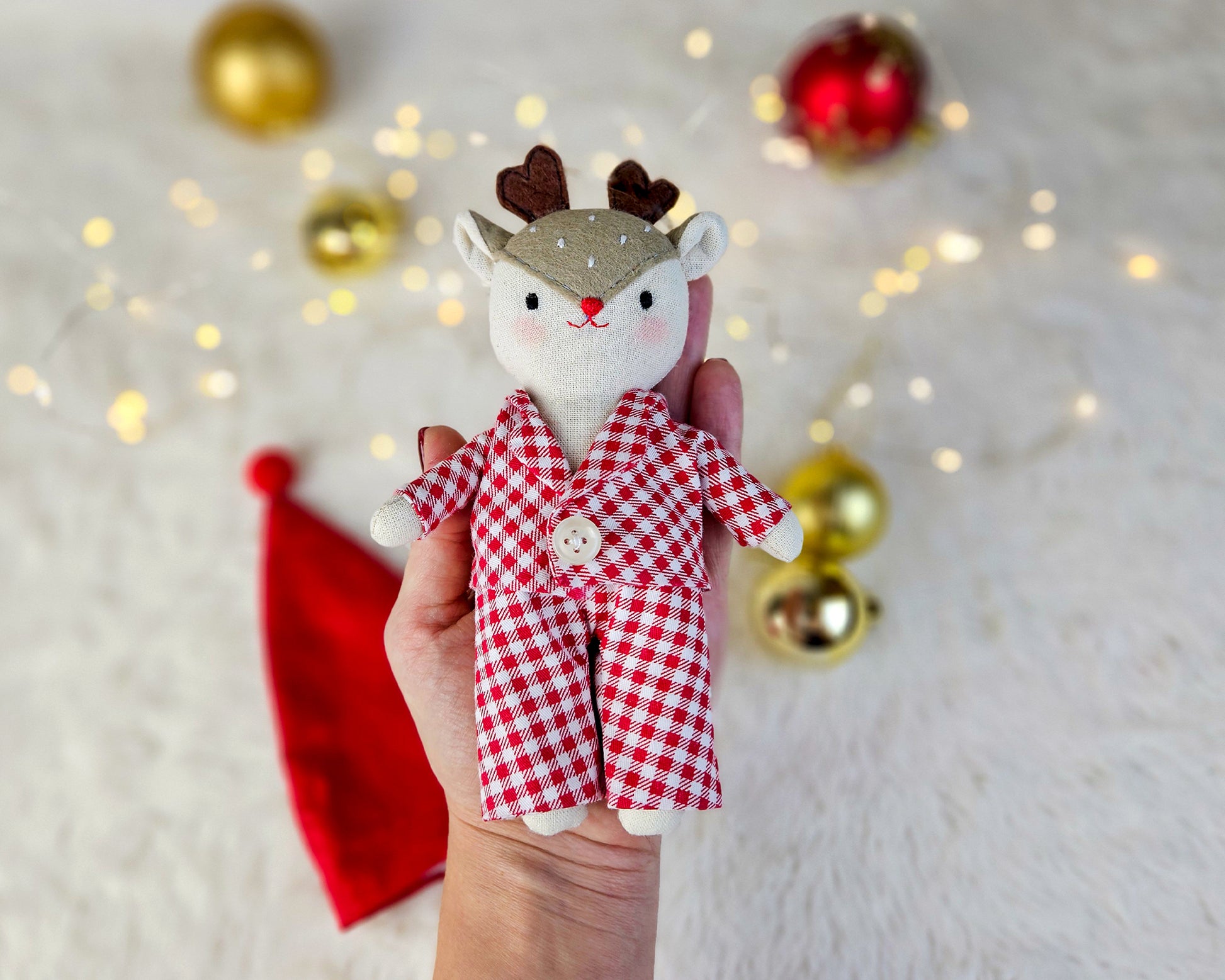 Mini Deer Doll in Pajamas and Santa Hat - PDF sewing pattern and tutorial