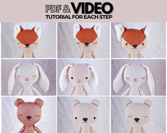 Faces for Forest doll body Bear, Bunny, and Fox