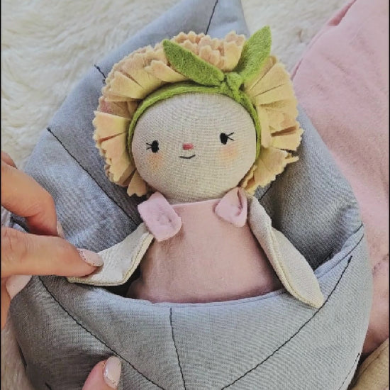 Mini Flower Carnation Doll in a Leaf sleeping bag- PDF sewing pattern and tutorial