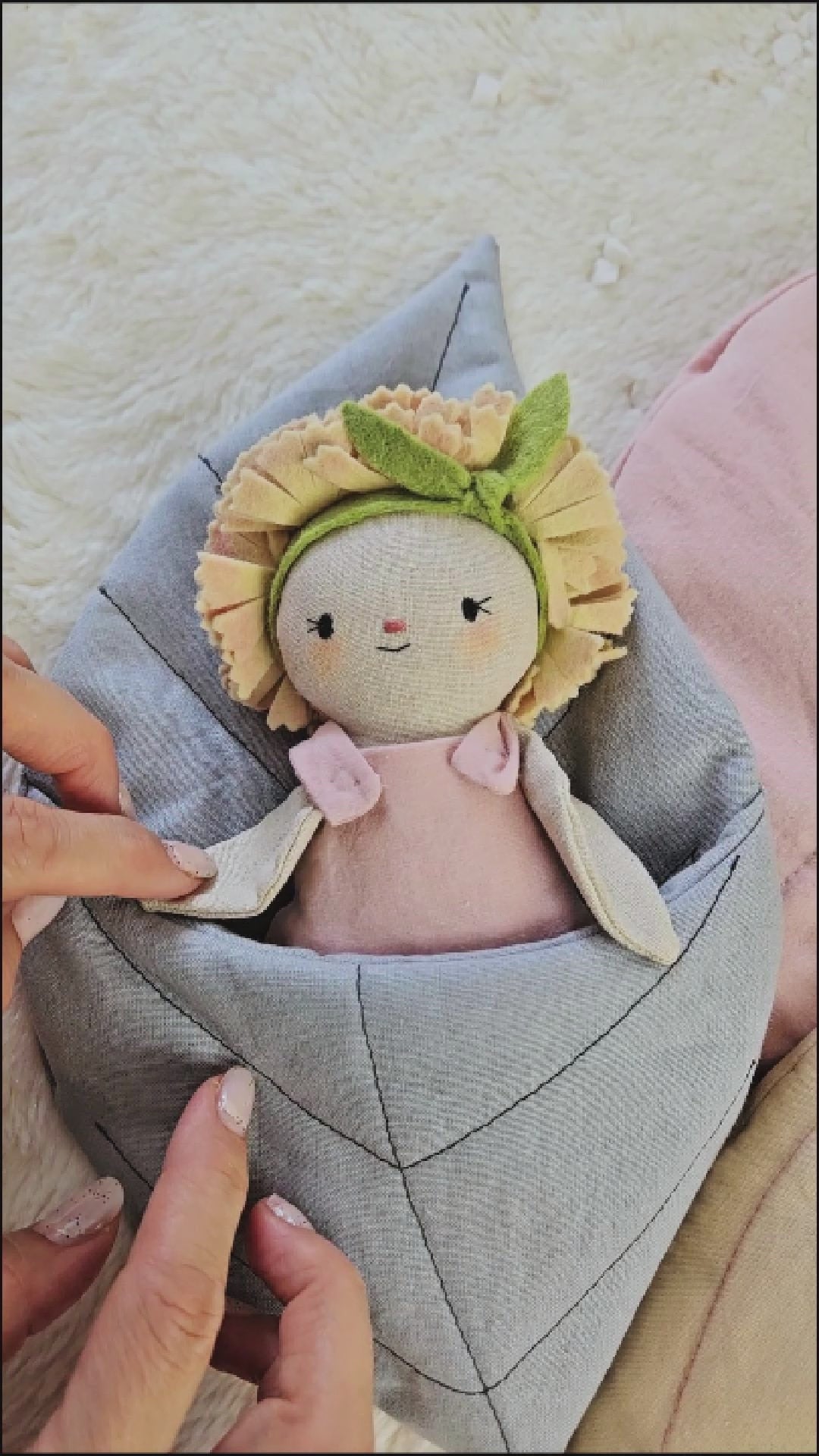 Mini Flower Carnation Doll in a Leaf sleeping bag- PDF sewing pattern and tutorial