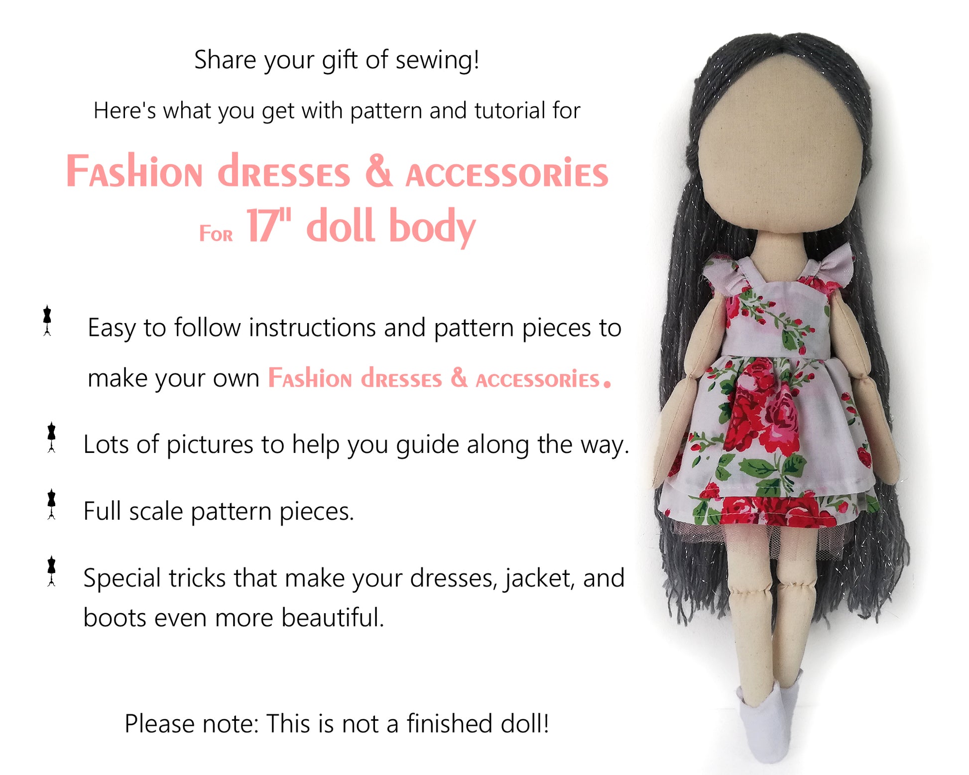 Set of three dresses, jacket and boots for doll 17 inch - PDF sewing pattern and tutorial 09