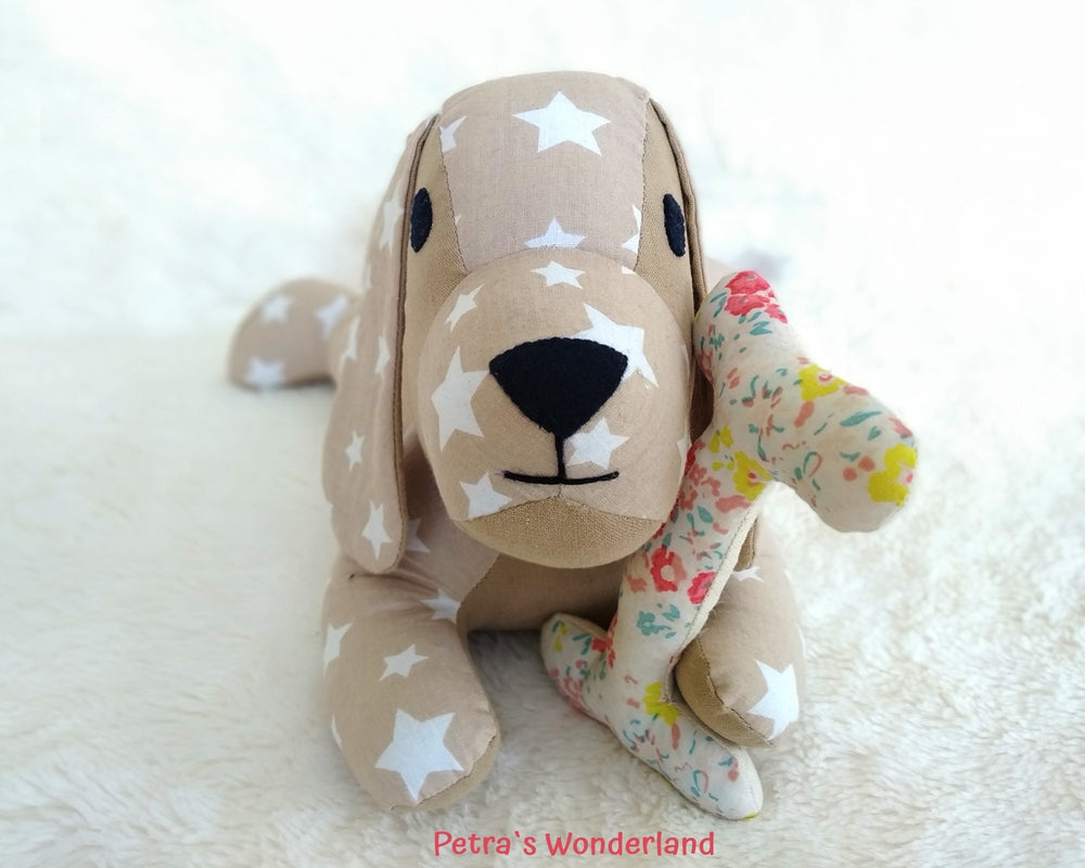 Lazy Dog - PDF sewing pattern and tutorial – Petras Wonderland how-to-make-the-cutest-handmade-dog-toys-pillar-box-blue