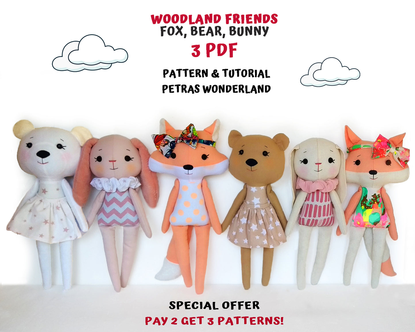 Set of 3 PDF Woodland Friends Bunny, Bear and Fox - Sewing Patterns and Tutorials