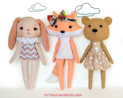 Set of 3 PDF Woodland Friends Bunny, Bear and Fox - Sewing Patterns and Tutorials 02