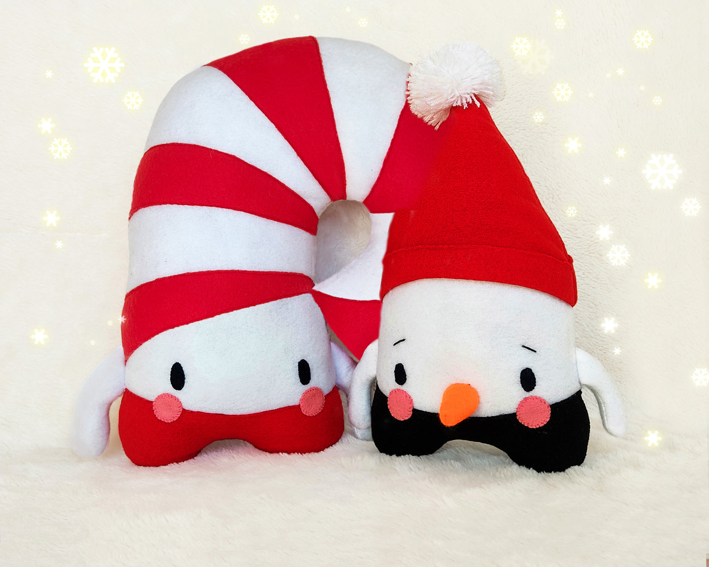 Christmas set of 2 patterns: Candy Stick Pillow and Snowman Toy - PDF toy sewing patterns and tutorials 