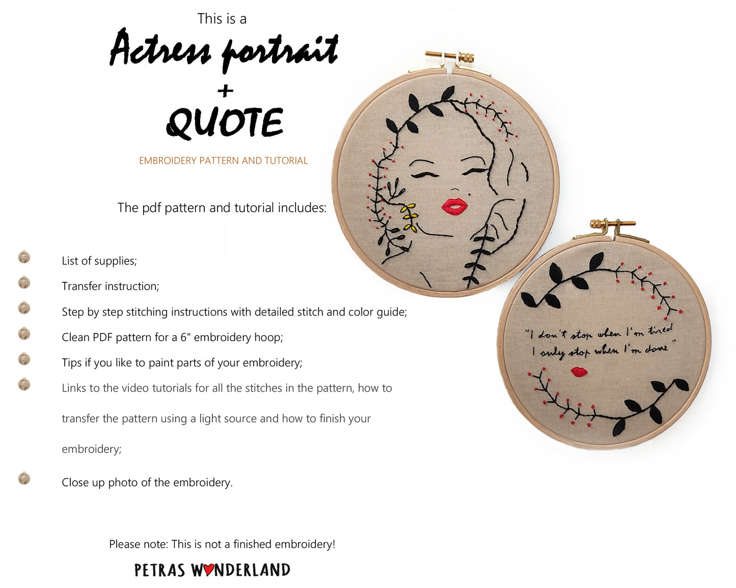 Special Offer: Actress Portrait and Quote  - PDF embroidery pattern and tutorial 09