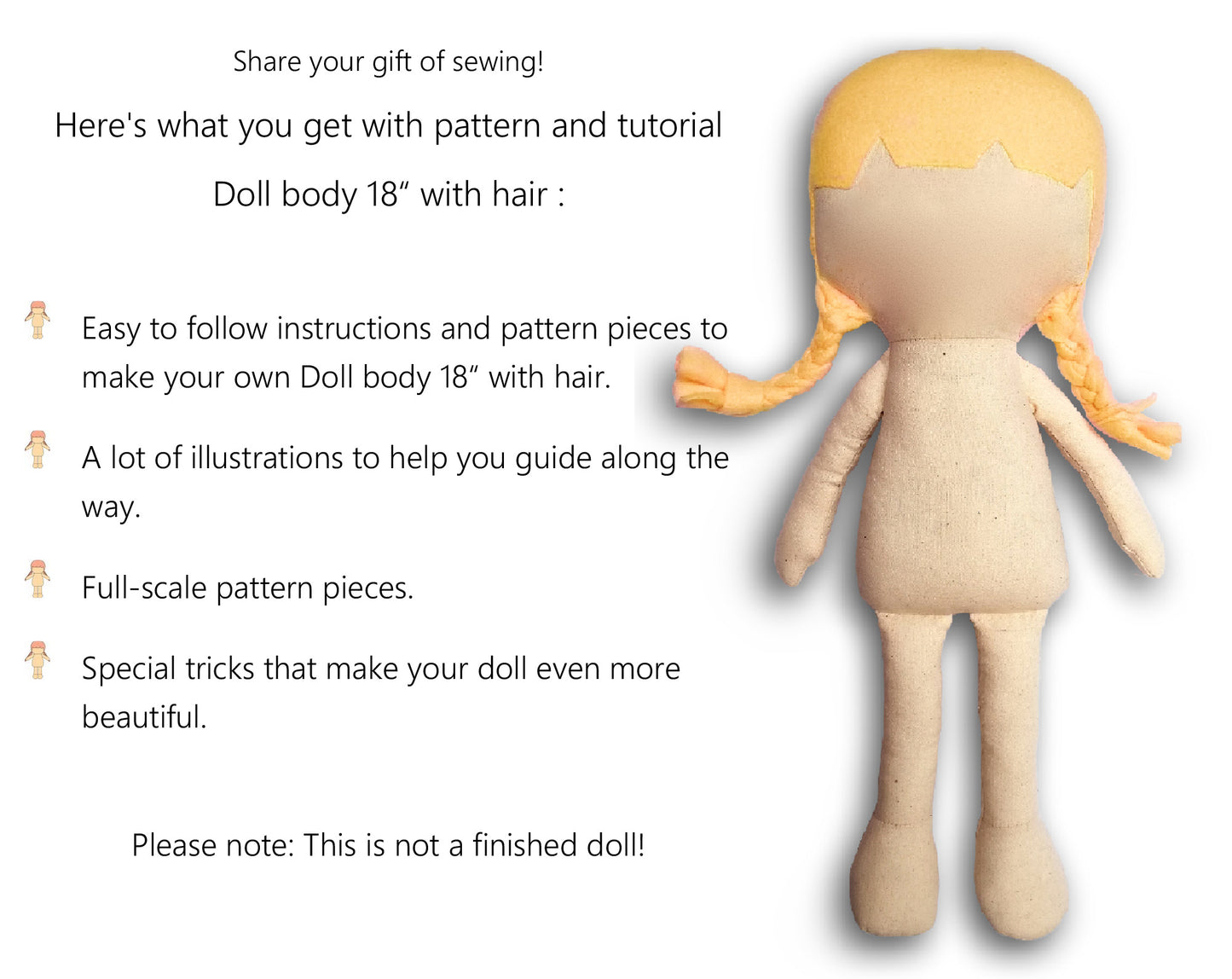 Doll Body 18 inch with hair - PDF doll sewing pattern and tutorial doll pattern rag doll pattern