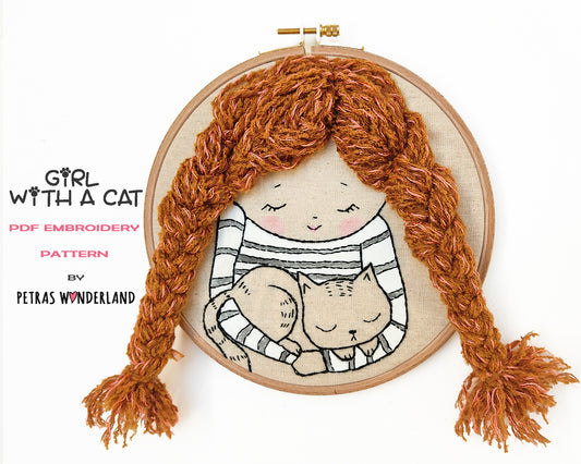 Girl With a Cat - PDF embroidery pattern and tutorial