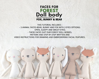 Faces for Forest doll body Bear, Bunny, and Fox  - PDF sewing pattern and tutorial