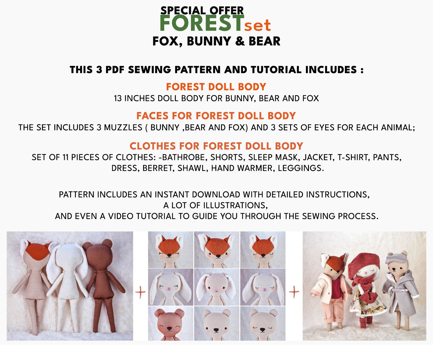 Forest doll set Bunny, Bear and Fox - PDF sewing pattern and tutorial