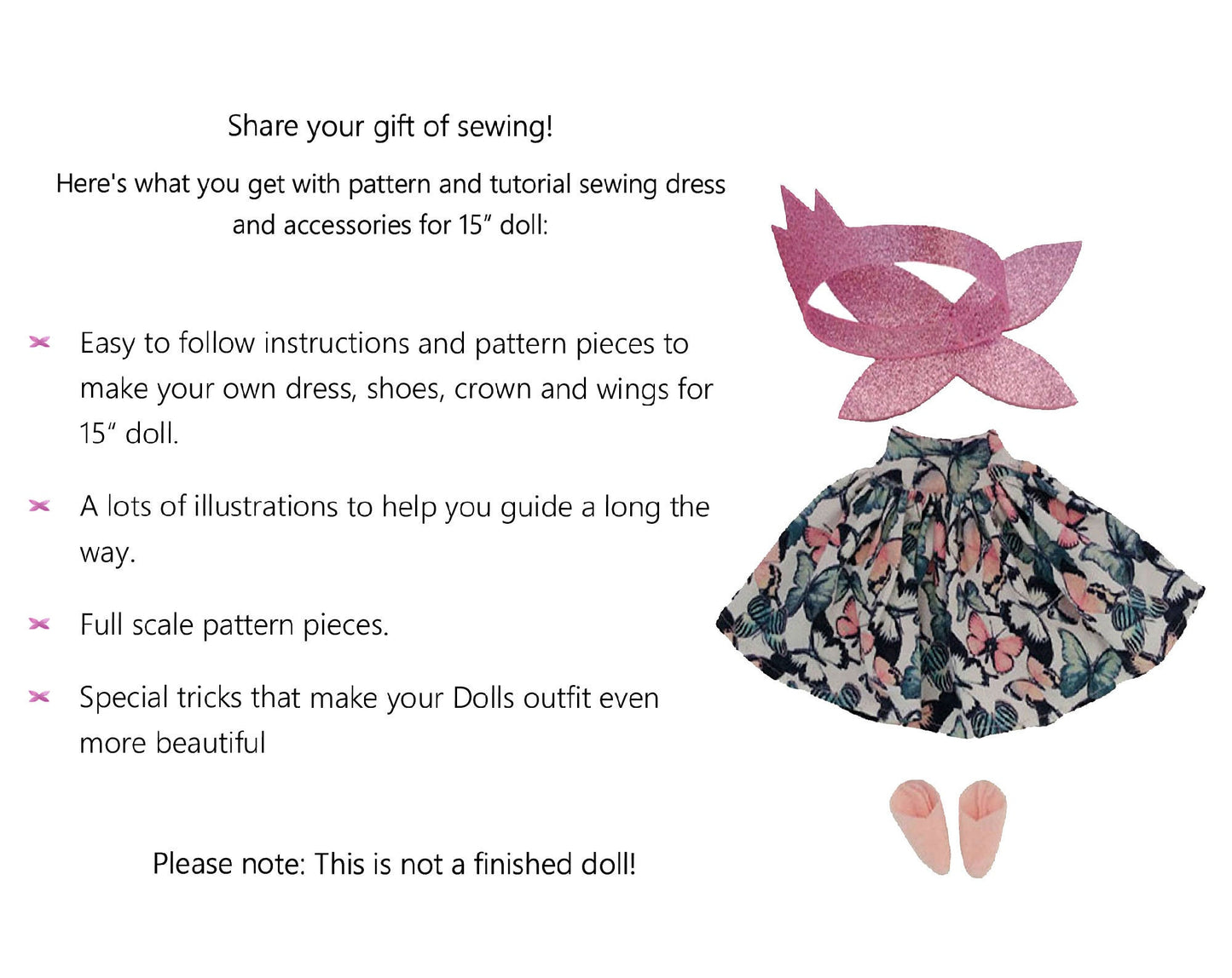 Dress and Accessories for Doll 15 inch - PDF sewing pattern and tutorial