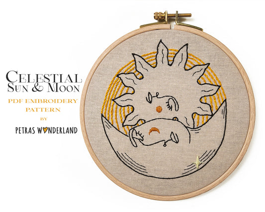 Celestial Sun and Moon - PDF embroidery pattern and tutorial