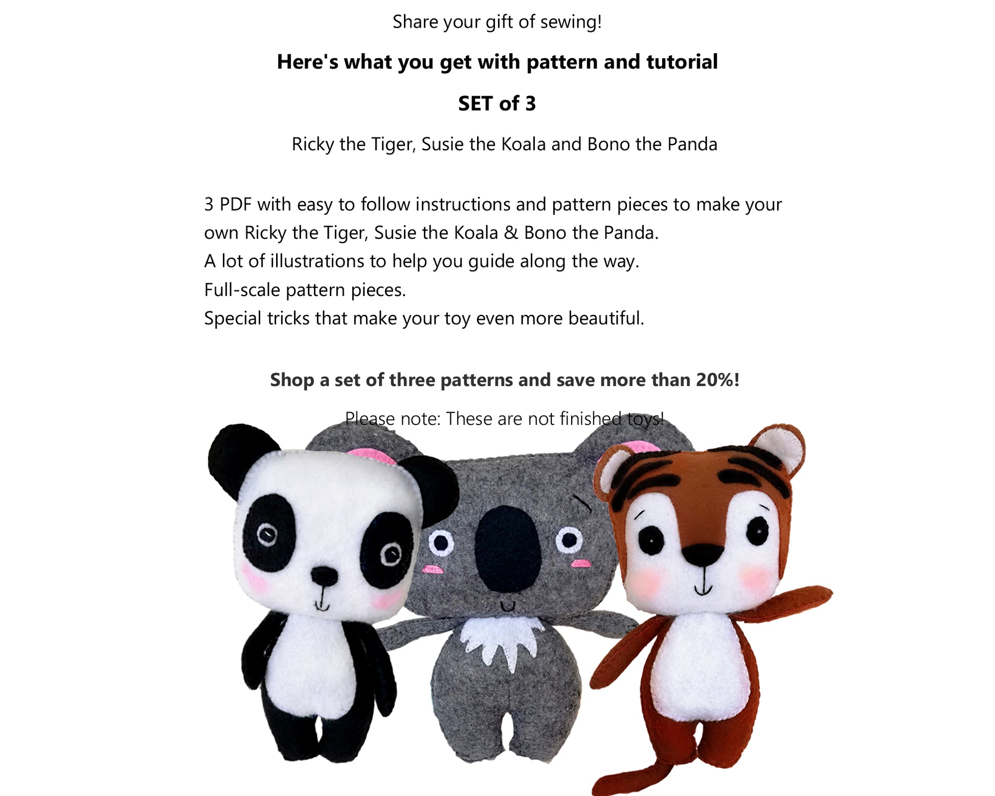 Set of 3 PDF Tiger, Panda and Koala - Sewing Patterns and Tutorials 08
