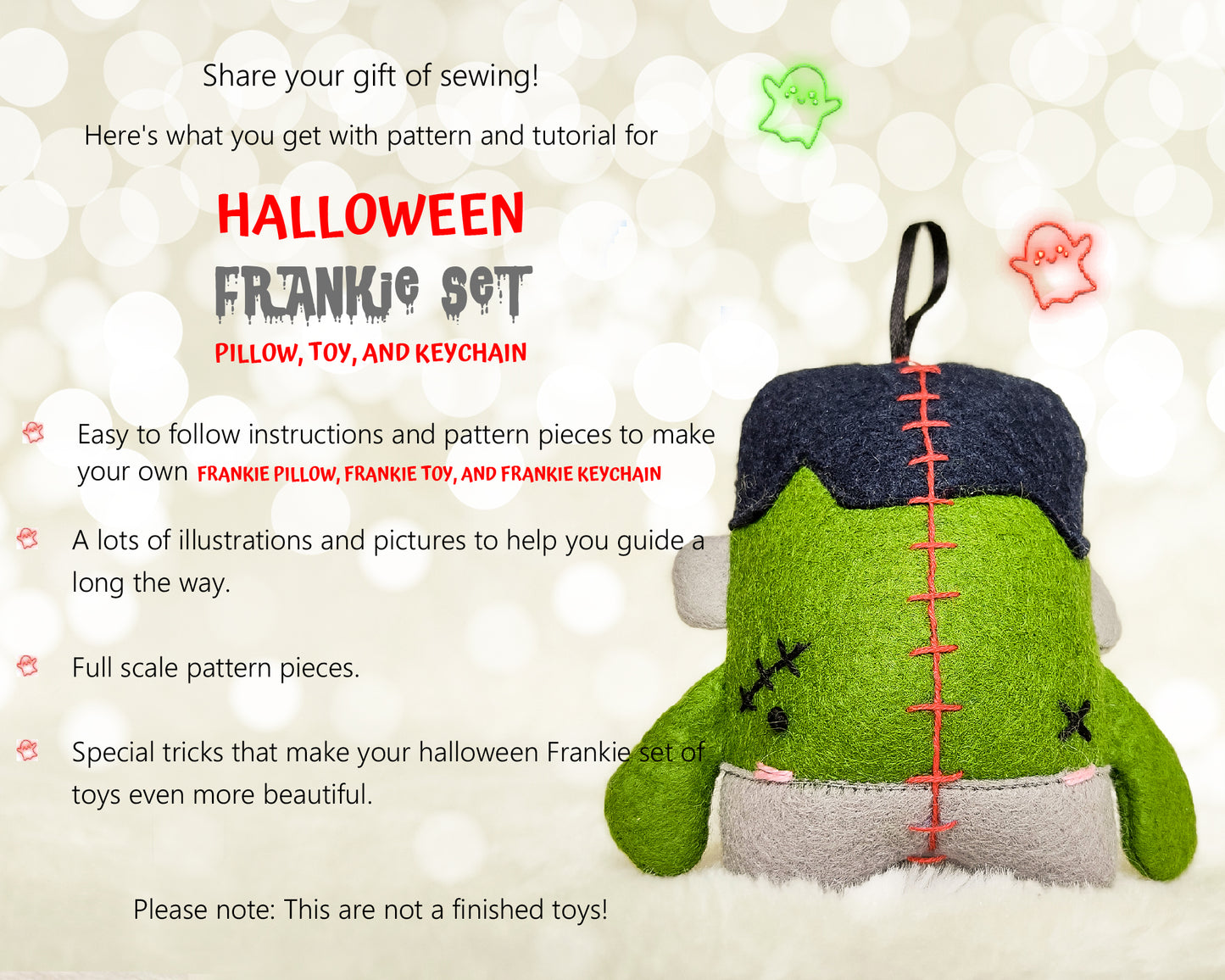 Halloween Set of 3 Frankie Pillow, Toy and Keychain - PDF toy sewing patterns and tutorials 01