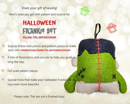 Halloween Set of 3 Frankie Pillow, Toy and Keychain - PDF toy sewing patterns and tutorials 01